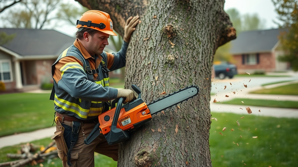 Arborist safely removing storm-damaged tree in Kansas City yard
