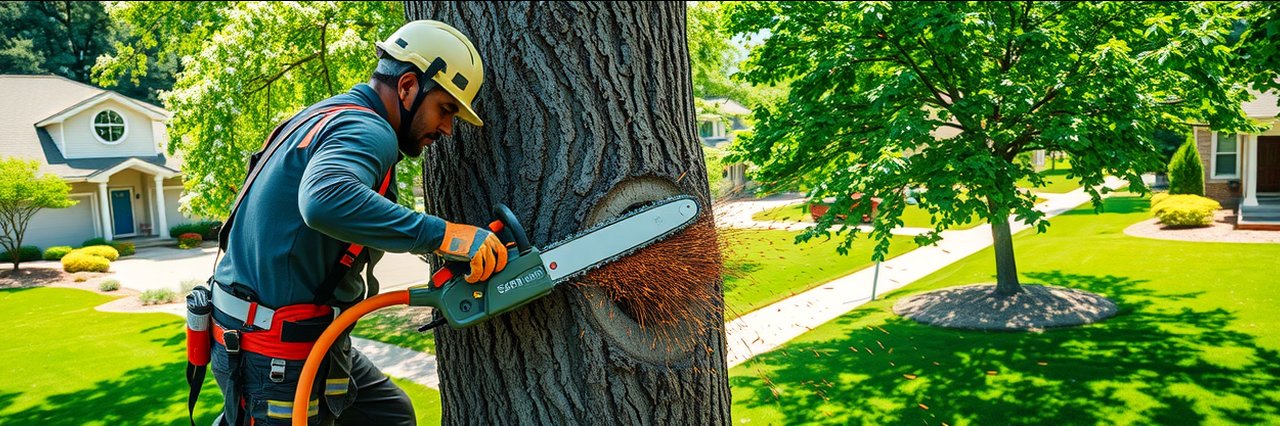 Tree removal Kansas City, expert cutting large tree in safe suburban area