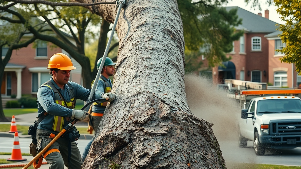 Tree removal team working on large dead tree in Kansas City neighborhood